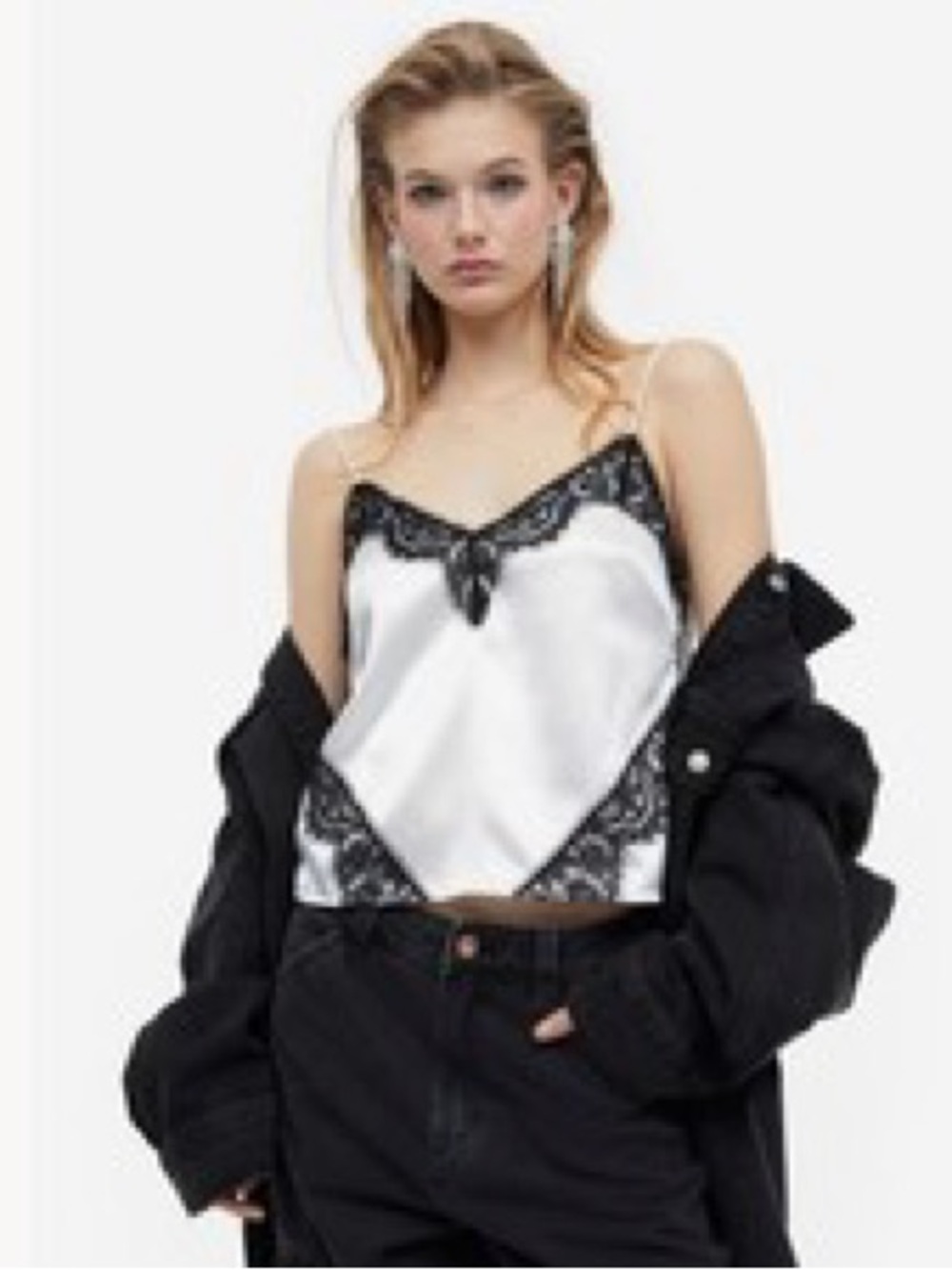 H&M Satin Lace-Trim Cami in White with Black Lace